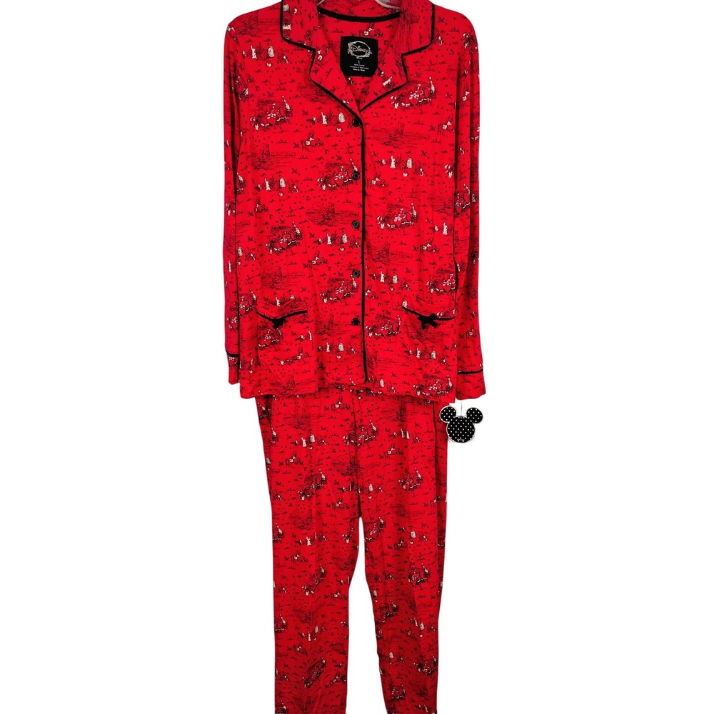 NWT Disney Womens L Winnie the Pooh PJ Set Red Cotton Toile Disneycore